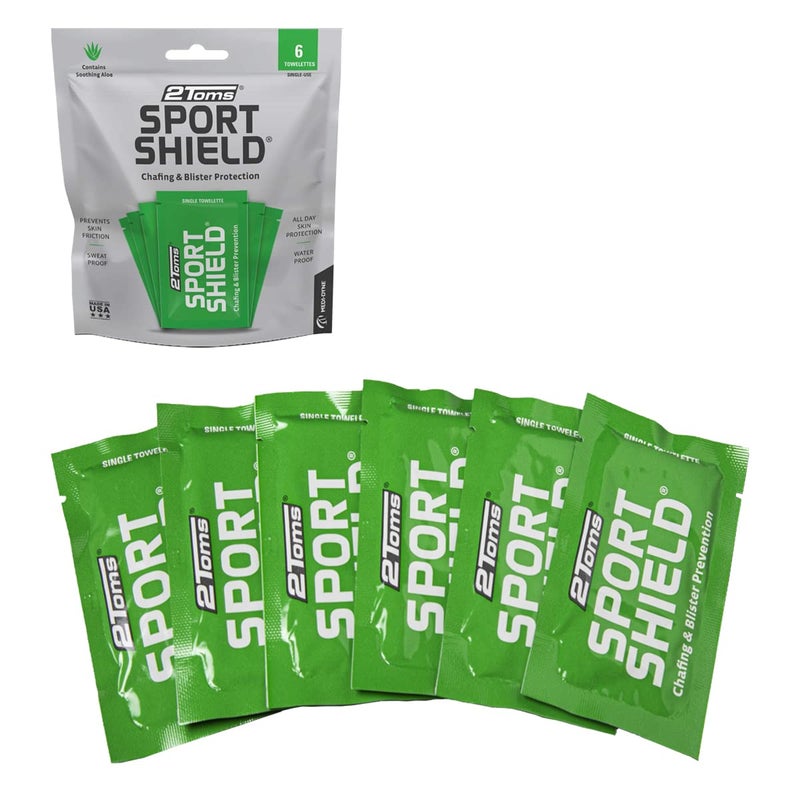 2Toms SportShield, Original Formula, All-Day Anti Chafe and Blister Prevention, Waterproof Protection from Chafing and Skin Irritation, 6 Single-Use Towelettes - Image 1